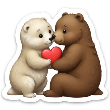 small white seal kissing a big brown bear with a heart between them sticker
