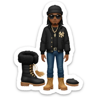 African American man with shoulder length black dreadlocks with black bead wearing black sunglasses with wearing denim skinny jeans wearing black bubble winter coat wearing black New York Yankees baseball hat and wheat timberland boots with arms folded sticker