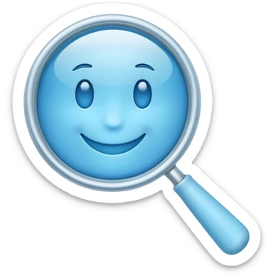 A 3D emoji-style magnifying glass, smooth rounded shapes, soft gradient blue ring, glossy plastic material, subtle highlights and reflections, simple minimal design, pastel blue color, slightly thick proportions, soft lighting, clean white background, modern emoji aesthetic, centered composition sticker