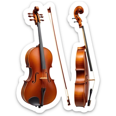 Create an elegant and refined emoji representing a Cremona 4/3F 4/4 cello with bow. The design should feature the distinctive, finely crafted body of the cello, highlighting its rich wooden finish and gracefully curved shape. The bow should be included, with visible horsehair and a polished wooden stick. Add subtle details like tuning pegs and strings to emphasize the precision and craftsmanship of the instrument. Use warm wood tones, deep brown, and soft metallic accents to reflect the high quality of the Cremona cello. The background should be transparent. sticker