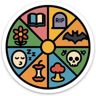 a circular emblem split into eight equal parts, each part containing a stylized symbol: life represented by a flower, death represented by a tombstone, darkness represented by a bat, plague represented by a skull with flies, war represented by an explosion, hunger represented by an apple core, dreams represented by a sleeping face, destiny represented by a book; bold and easy to recognize design sticker