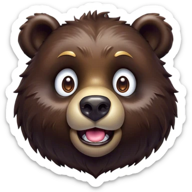 Cinematic Comical Bear Portrait Emoji, Head tilted dramatically with an exaggeratedly amused expression, featuring a striking, glossy dark brown fur with bold fur texture, wide, expressive eyes filled with playful disbelief, Simplified yet hilariously expressive features, highly detailed, glowing with a slightly sassy glow, high shine, dramatic yet playful, stylized with an air of cheeky wilderness mischief, bright and endearing, soft glowing outline, capturing the essence of a spirited and over-the-top bear, so meme-worthy it feels like it could roar its way into internet fame instantly! sticker