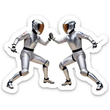 Two fencers in full protective gear duel on a professional piste, their foils clashing in mid-air. The background features a dynamic blur, symbolizing speed and precision. The scene is illuminated by bright arena lights, emphasizing the intensity of the match. Transparent background. sticker