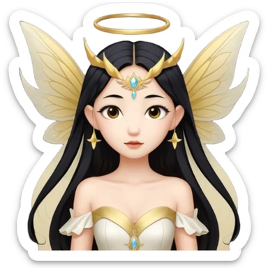 Asian fairy portrait with long black hair and pointy ears, no horns, no halo, no head accessories, big fairy wings, white and gold off shoulder dress sticker