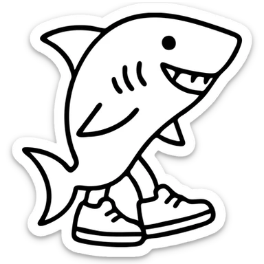 a cartoon shark with sneakers, outlined style sticker