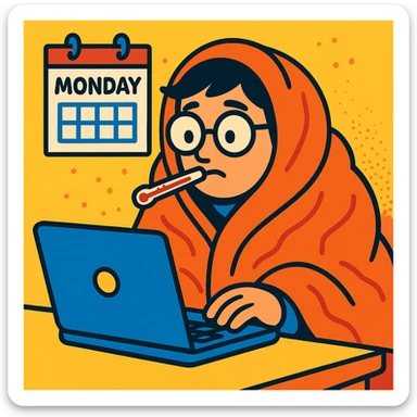 A programmer with a thermometer in mouth, wrapped in a blanket, laptop open, Monday calendar in background, vibrant toon style sticker