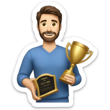 Caucasian brunette Dad holding father of the year trophy sticker