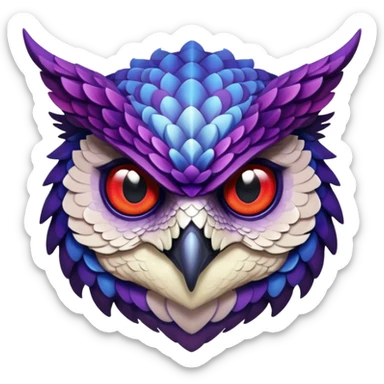 Owl dragon hybrid front facing dark purple and blue and red sticker