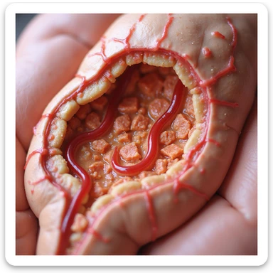 realistic illustration of endometrium with dilated blood vessels, edema, inflammatory infiltrate, bright colors highlighting inflammation, white background sticker