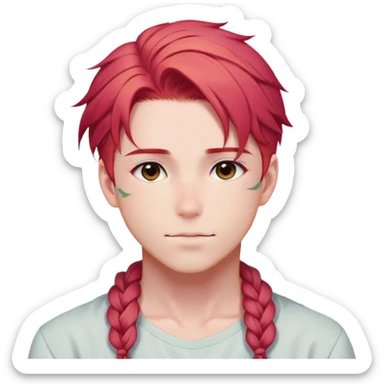 Gorgeous pastel red hair with a thin braid on the side anime style handsome sexy gojo guy with blushing face and flowers aesthetic trending style outside sticker