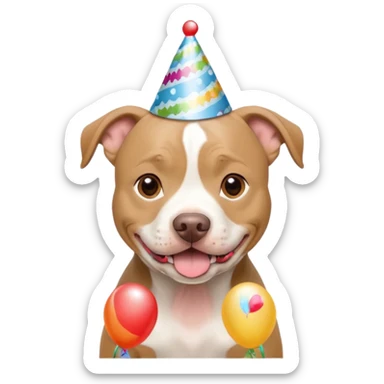 beige and white short haired pitbull with birthday hat sticker