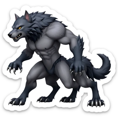 cinematic-noble-fierce-werewolf-full body on all fours-emoji, poised-and-imposing, with a tall, lean, and muscular wolfish frame inspired by the brutal, imposing shape of the beast from Berserk, fur rippling in shades of midnight black and silver, massive paws with razor-sharp claws, elongated limbs and fangs, eyes glowing with an intense, primal ferocity, reflecting the untamed power of the wild moonlit night; rendered with realism like a wolf hunched over sticker