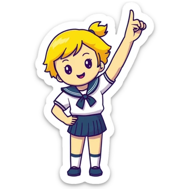 Anime girl with short bright yellow hair wearing Japanese sailor style school uniform, composed posture with hand on hip but energetically waving with other hand, excited smile and happy eyes sticker