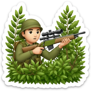 person sninping aiming with a long sniper in a big bush sticker
