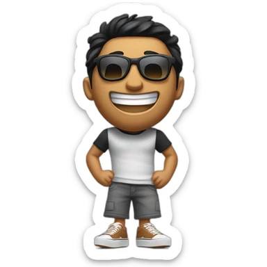 emote with pixar style 3d illustration of a man with tanned skin, black hair, fade haircut and brown eyes, dressed in vans skater style, wearing oscar sunglasses, he is laughing. sticker