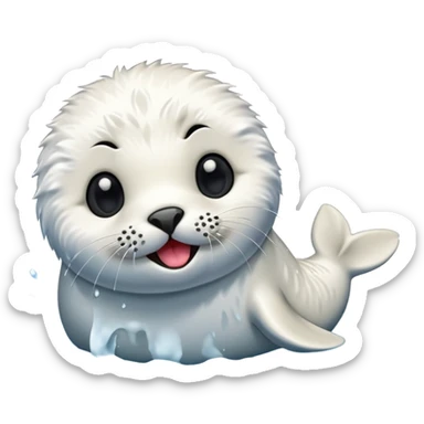 A fluffy, all-white furred, tiny seal having fun in the lake while sticking his tongue out. sticker