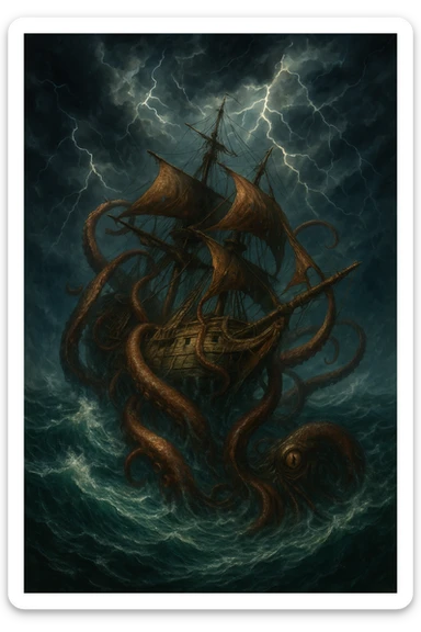 A pirate ship being pulled underwater by a monstrous kraken, stormy sky, detailed fantasy art sticker