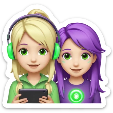 Make a blonde girl with green glowing headset on and a purple haired girl haveing fun , make them a chibi emoji page sticker