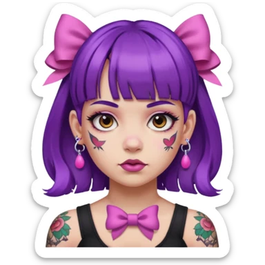 girl with bangs and purple hair and pink hairbow on the side of head and earrings and very heavy face tattoos sticker
