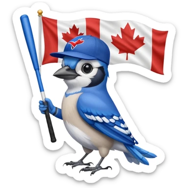 bluejay standing swinging bat with  toronto blue jays baseball hat and holding canadian flag
 sticker