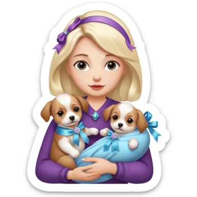 woman holding baby dogs with ribbons and crystals sticker