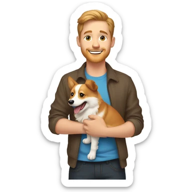 A guy with blue eyes and light brown hair is holding a corgi dog that smiles with his tongue sticking out sticker
