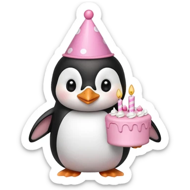 cute penguin  hold a pink birthday cake in both arms with pink birthday hat sticker