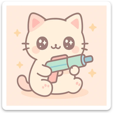 a cute cat with a toy gun, kawaii style sticker
