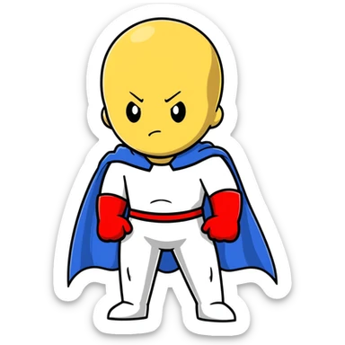 Saitama from One Punch Man, bald head, blank expression, yellow hero suit with white cape, red gloves sticker
