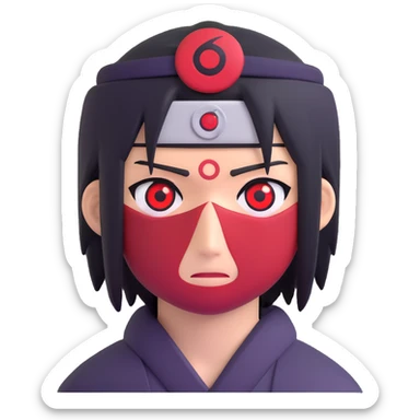 Itachi Uchiha themed emoji focusing on Mangekyou Sharingan eyes and headband with a scratch, modern emoji style sticker