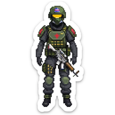 armed figure in all-black military clothing, shiesty mask, and helmet sticker