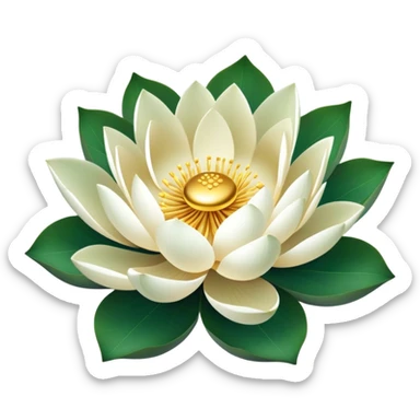 Lotus flower in full bloom with white petals and golden center, round green leaf sticker