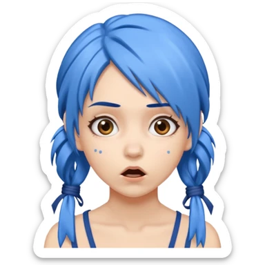 A woman with blue hair, tied up, with a surprised expression.g thoughtful. sticker