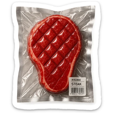 diamond-textured meat steak, shiny and inflated, vacuum-sealed style sticker