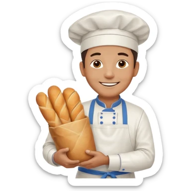 Middle aged male pastry chef - apron, white hat, holding a bag of bread sticker