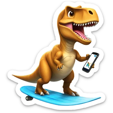 t-rex surfing whle holding his phone sticker
