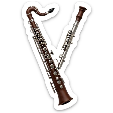 Cinematic Realistic Oboe, slender and elegant dark wood body, silver-plated keys catching soft highlights, delicate reed resting at the top, glowing with refined and classical beauty. sticker