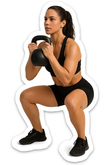 donna fitness in forma con kettlebell mentre fa uno squat, isolata su sfondo bianco sticker