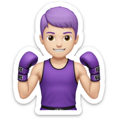 now make a boy whose white smiling in purple kickboxing full shirt with Fighting HARD on the shirt sticker