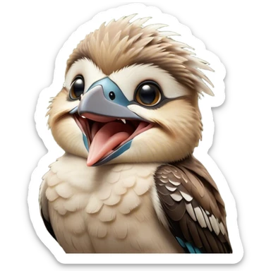 Cinematic Cute Yawning Kookaburra Portrait Emoji, Head tilted slightly with a dramatic, wide-open yawn, showcasing a soft, downy brown plumage with gently drooping wings and a relaxed beak, round eyes barely open in drowsy contentment, Simplified yet irresistibly adorable features, highly detailed, glowing with a soft, cozy glow, high shine, relaxed yet expressive, stylized with a touch of bushland charm, bright and endearing, soft glowing outline, capturing the essence of a sleepy yet affectionate kookaburra, so drowsy it feels like it could flutter out of the screen and curl up for a nap! sticker