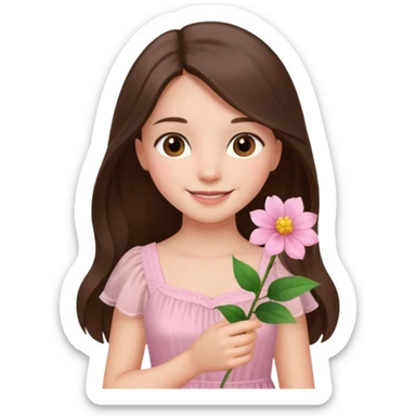 white brunette girl long hair with hazel eyes in light pink dress holding a flower sticker