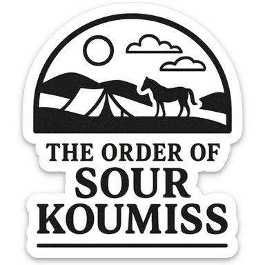 A black and white 90s-style logo for 'The Order of Sour Koumiss' with a vintage travel agency vibe, featuring a minimalist design sticker