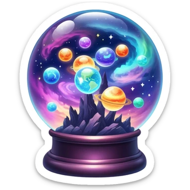 Tiny mystical mysterious sparkly cloudy magical glowing spherical nebula planets inside a glass globe dome sticker