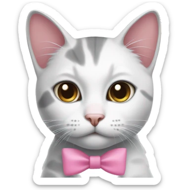 White and gray cat with a pink bow on the right ear sticker