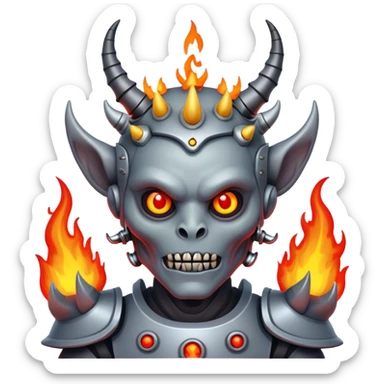 Evil demon with horns and fire crown and robotic alien features sticker