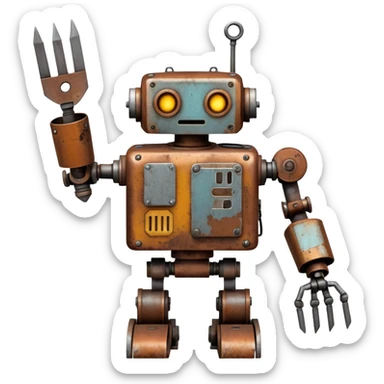 Rusted scavenger robot with patchwork body plates and collection tools attached sticker
