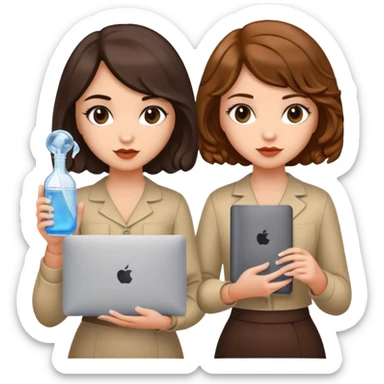 two girls in full height, 
the first girl with a bob, she has dark russian hair, her hair is wavy, she holds a macbook in one hand. 
The second girl holds a vial of water in her hand, the appearance of the second girl, she has medium length hair of russet colour. 
 sticker