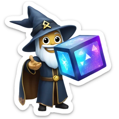 A playful wizard holding a glowing blockchain cube, with sparkles and a mischievous grin, symbolizing the magic of crypto sticker