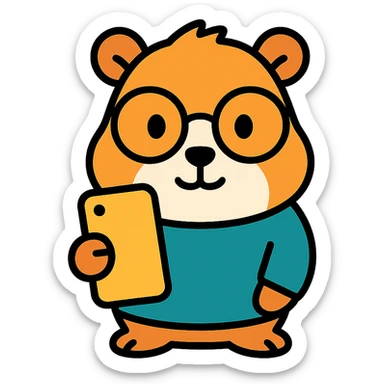 studious guinea pig with glasses holding a phone, cute outlined colorful style sticker