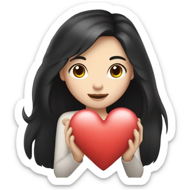 Pale girl with long black hair holding heart in her hands  sticker